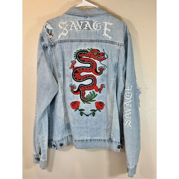 Carbon Savage Embroidered Dragon Rose Distressed Ripped Denim Jacket, Men's XXL - Picture 7 of 12